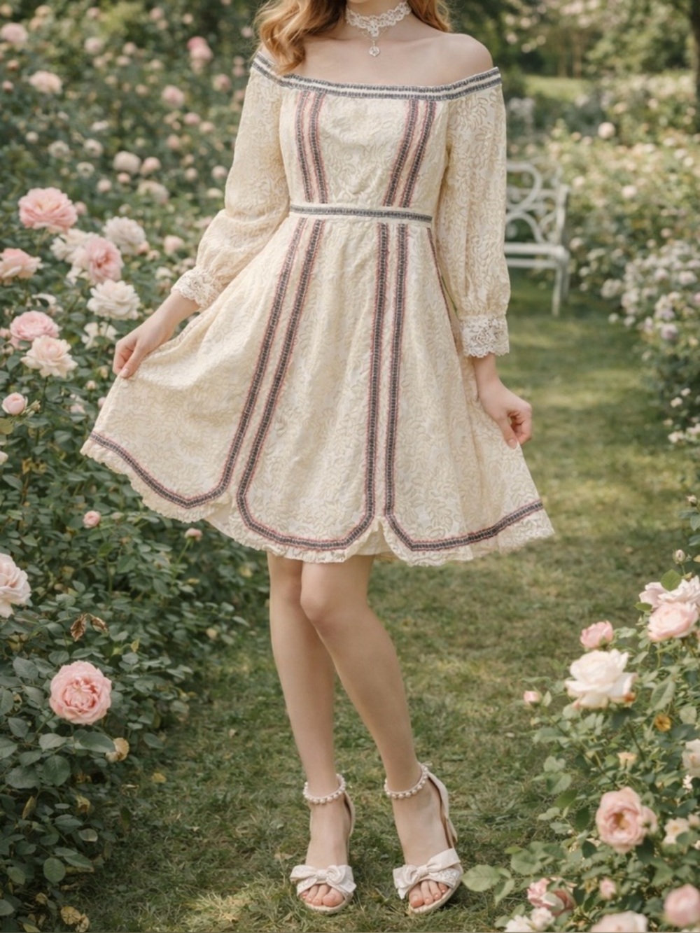 Coquette Cream Lace Romantic Dainty Mini Boho Embroidered Off Shoulder Dress S